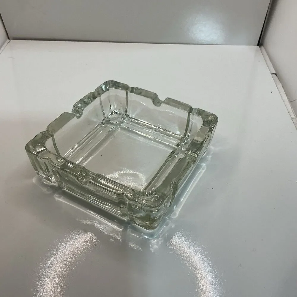 Vtg Mid Century Clear Square Glass Ashtray 4